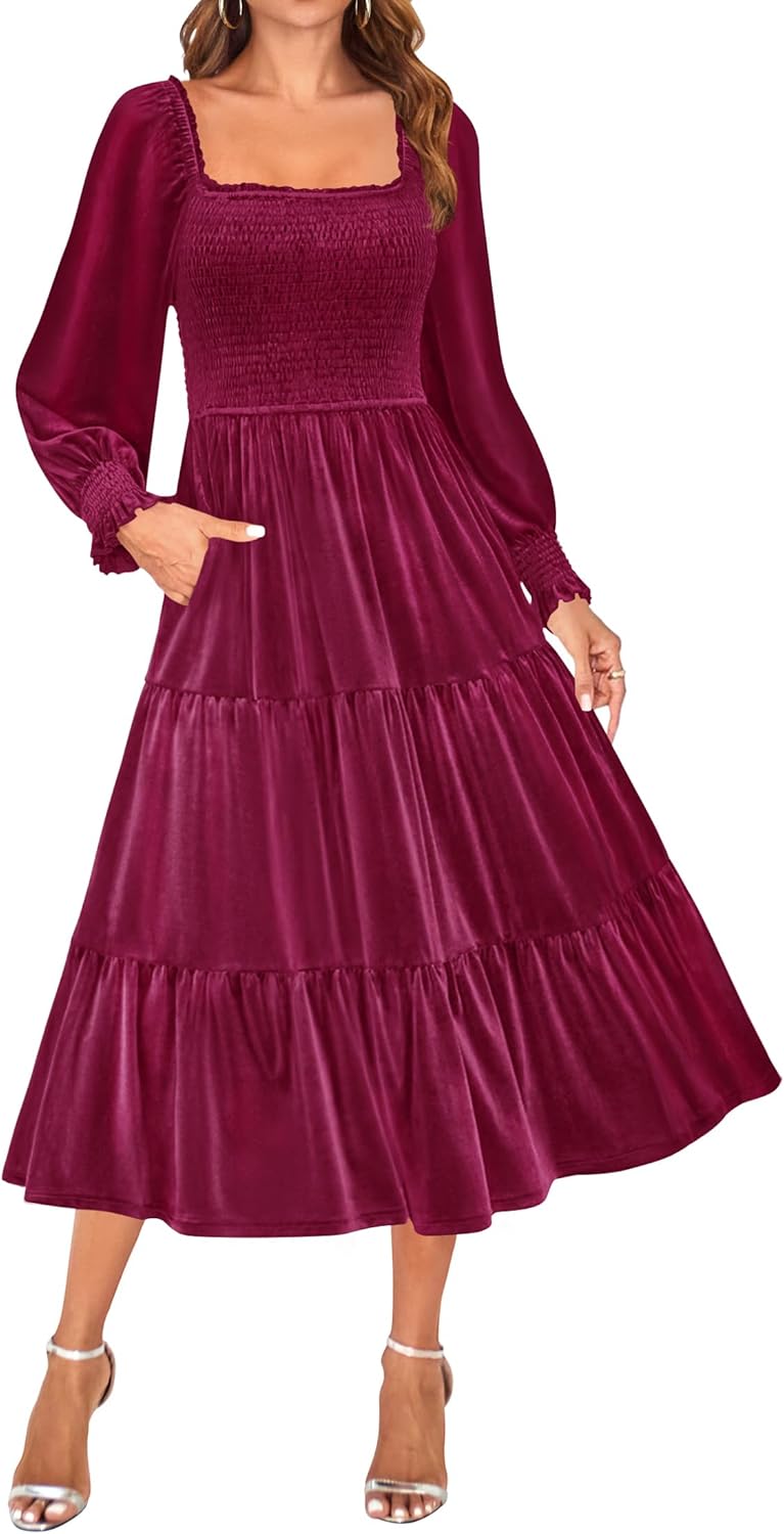 ZESICA Women's Velvet Long Sleeve Dresses 2025 Winter Square Neck Smocked Ruffle A Line Flowy Cocktail Party Midi Dress