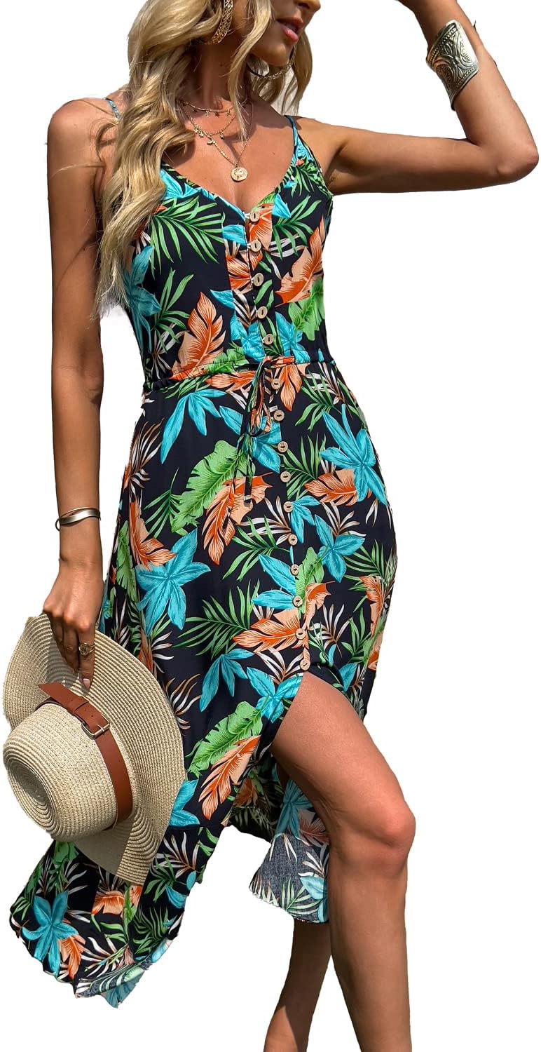 BROVAVE Women's 2025 Summer Casual Boho Sundress Polka Dot Spaghetti Strap V Neck Flowy Midi Dresses