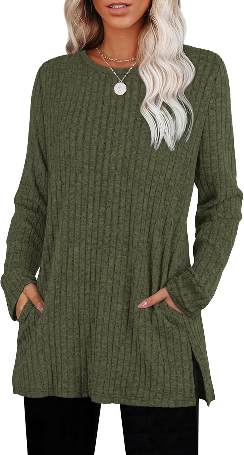 SAMPEEL Womens Sweaters Crewneck Long Sleeve Shirts with Pockets Fall Outfits 2025 Fashion Winter Clothing Side Slit