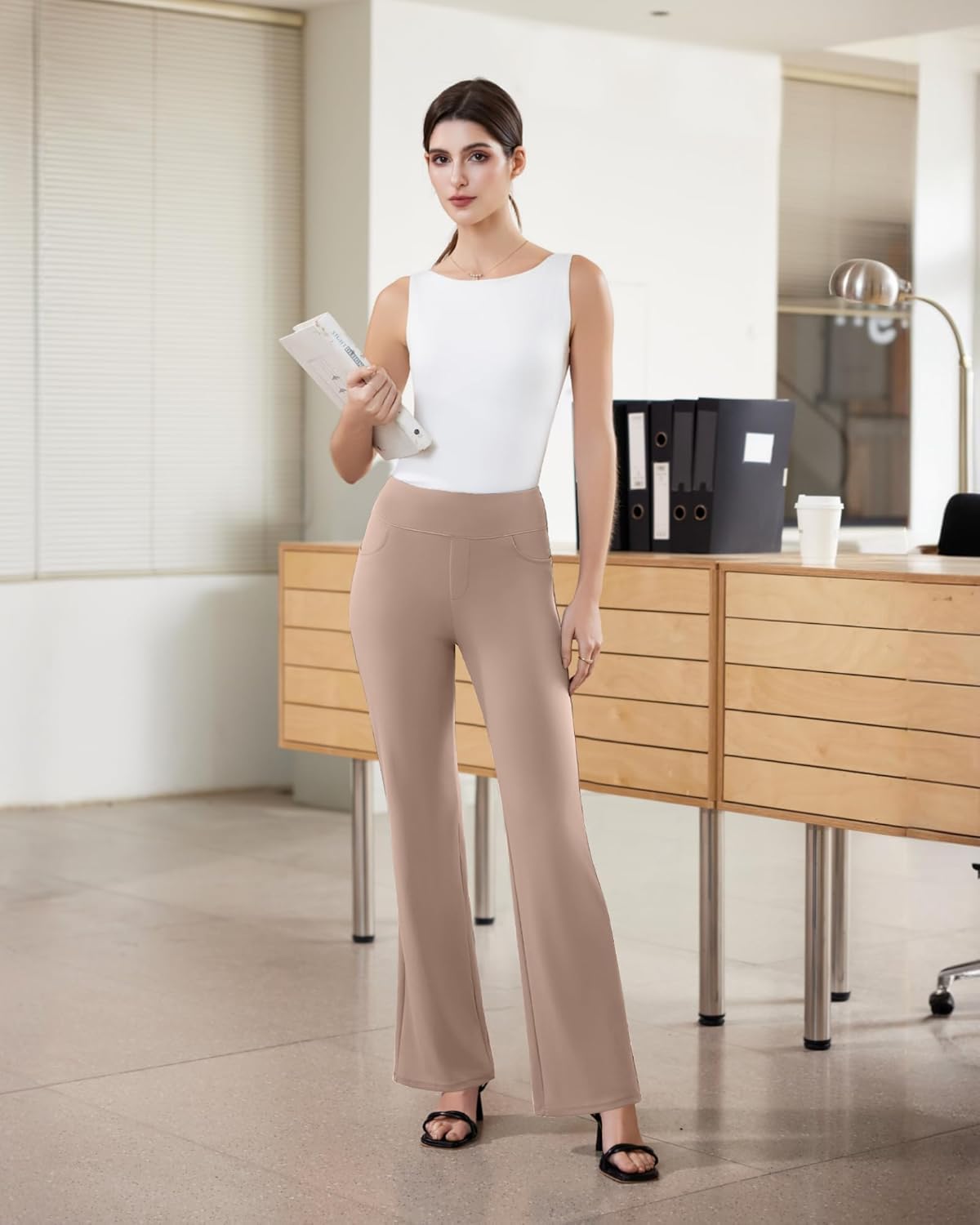 Womens Dress Pants Stretchy Work Pants Business Casual Office Trousers Pull On Flare Slacks with 4 Pockets