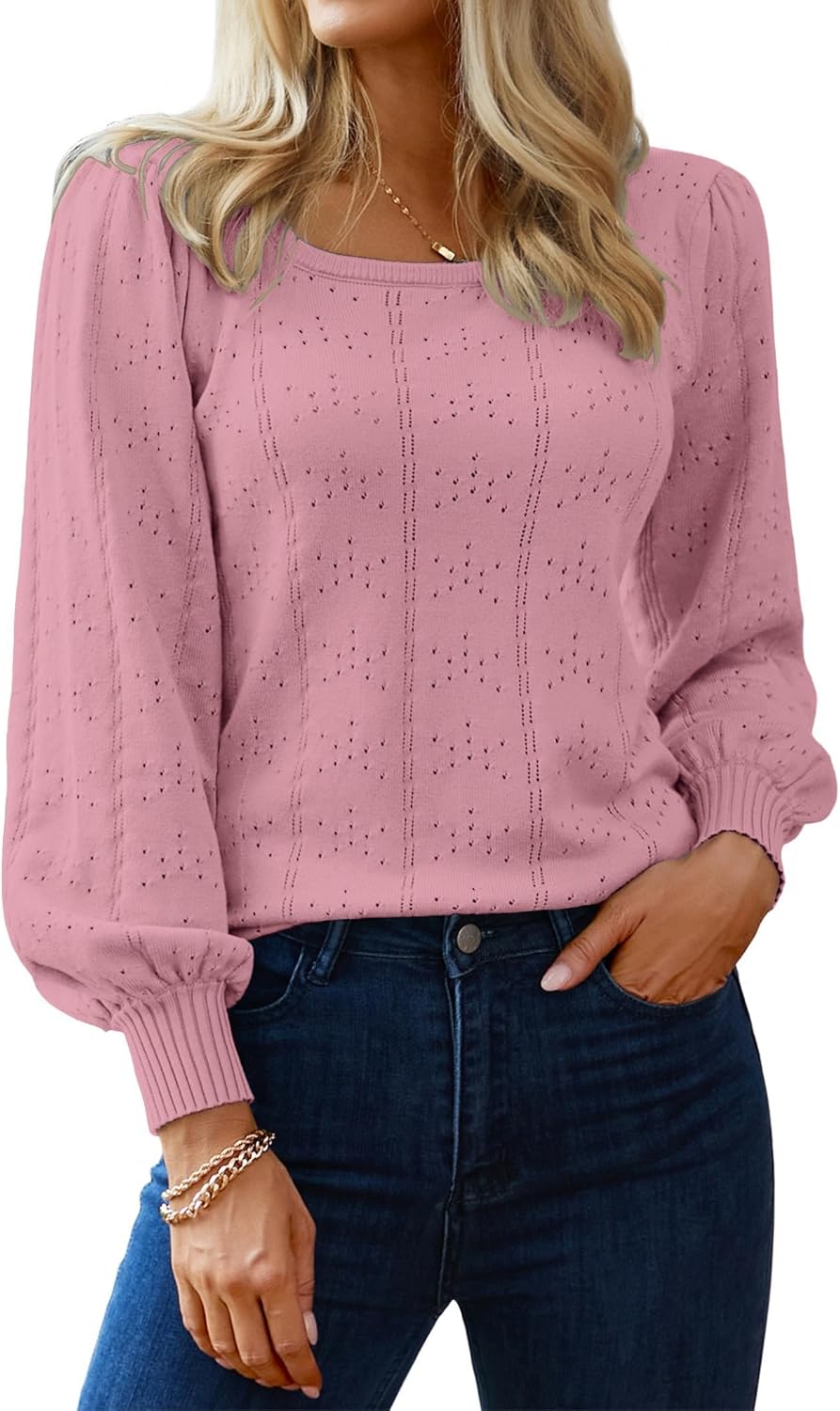 HOTOUCH Sweaters for Women 2025 Fall Trendy Tops Casual Puff Sleeve Square Neck Cute Tunic Pullover Blouses XS-XXL