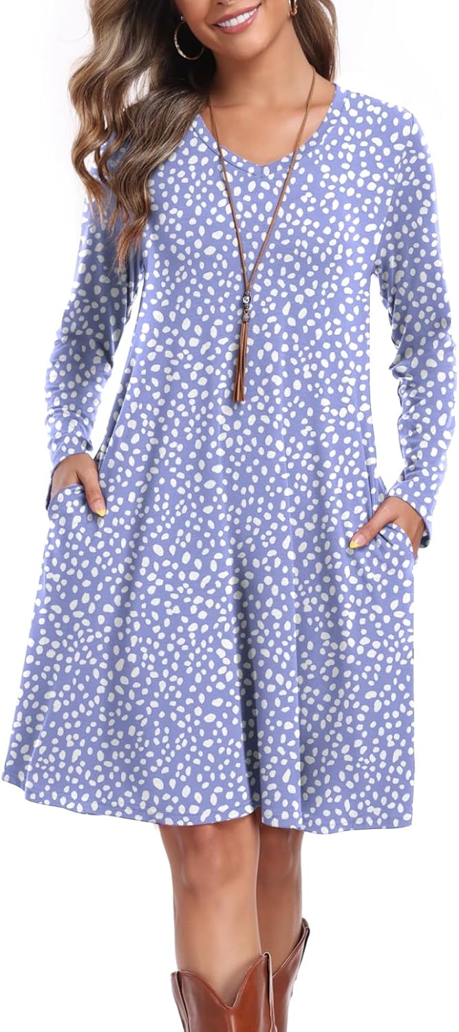 Women's Casual T Shirt Dresses Fall Long Sleeve Swing Dress with Pockets