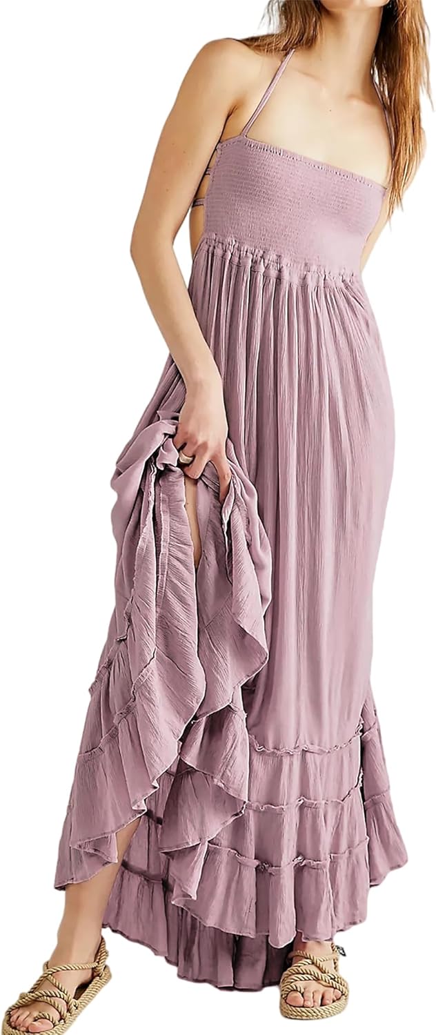 R.Vivimos Womens Summer Boho Sexy Backless Long Dresses