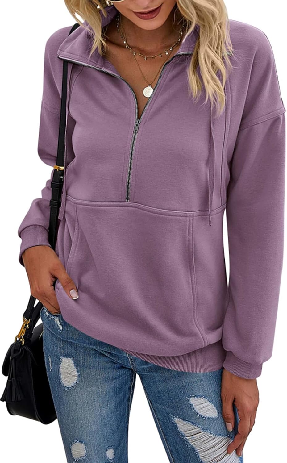 PRETTYGARDEN Women's Casual Long Sleeve Lapel Zipper Sweatshirt Drawstring Loose Pullover Tops
