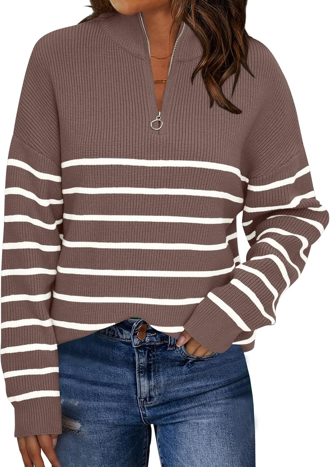 LILLUSORY Women's Quarter Zip Striped Oversized Sweater 2025 Mock Turtleneck Fall Fashion Outfit