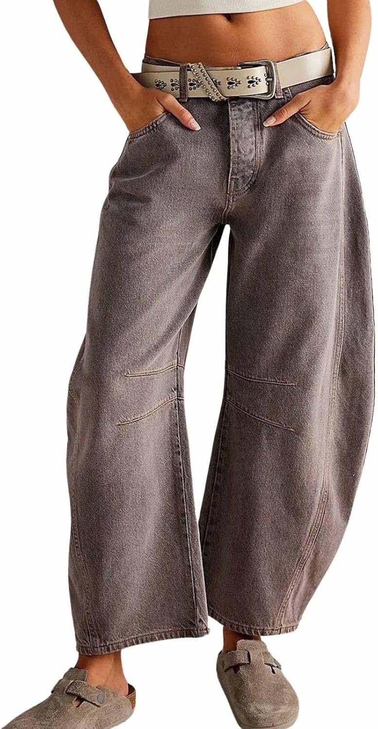 Womens Stretchy Mid Rise Barrel Jeans Vintage Loose Wide Leg Cropped Denim Pants Y2k Baggy Boyfriend Jeans