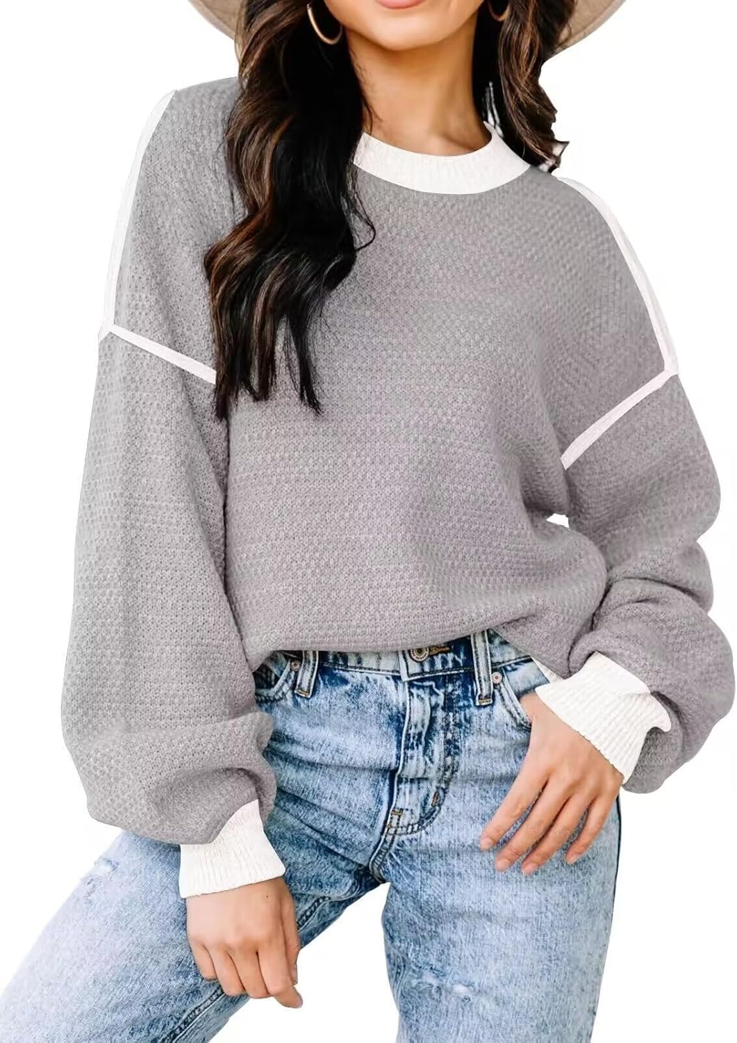 Womens Sweaters Fall 2025 Fashion Long Sleeve Color Block Oversized Sweater Trendy Casual Crew Neck Knitted Tops Pullover