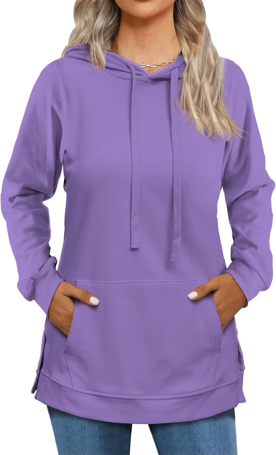 Beimuc Hoodies for Women Fashion Split Hem Drawstring Casual Long Sleeve Sweatshirts Tops with Pockets