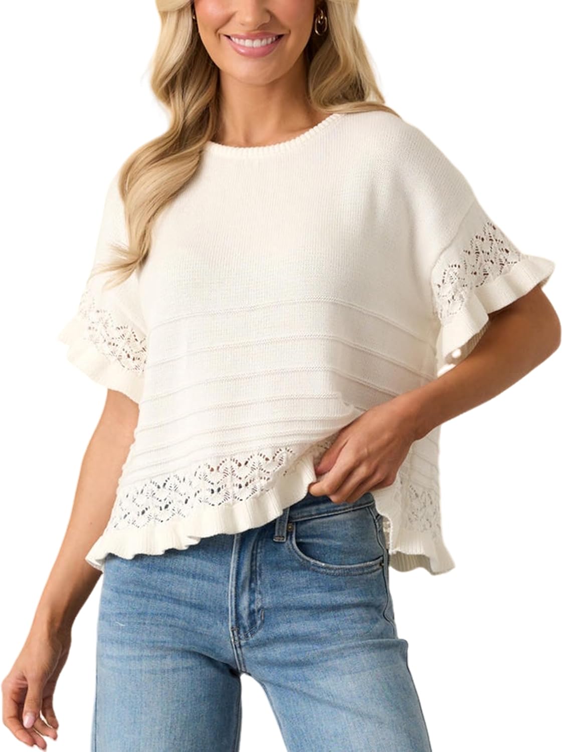 Yeokou Womens Short Sleeve Sweater Round Neck Ruffled Hem Knit Crochet Pullover Summer Fall Casual Top Blouse