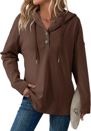 Dokotoo Hoodies for Women Long Sleeve Drawstring Button V Neck Fleece Casual Lightweight Pullover Sweatshirt Hooded Tops