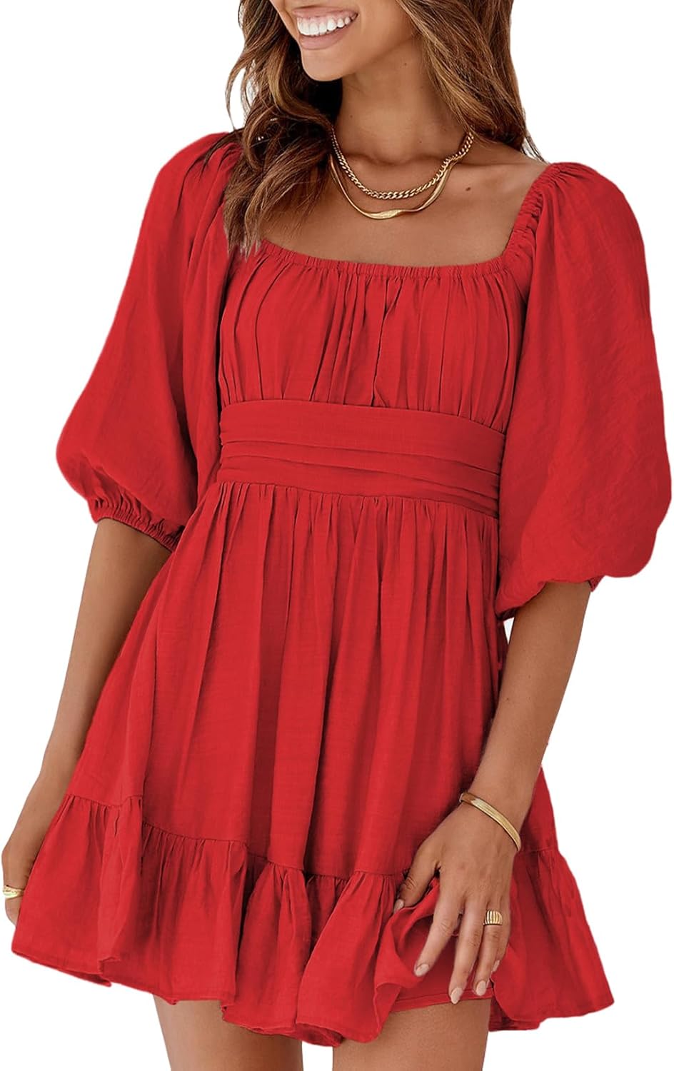 Dokotoo Womens Summer Dresses Square Neck Tie Back Lantern Sleeve Ruffle A-Line Casual Dress