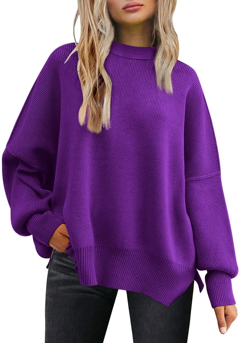LILLUSORY Women's Oversized Batwing Sweaters 2025 Fall Outfits Trendy Crewneck Knit Side Slit Fashion Pullover Tops