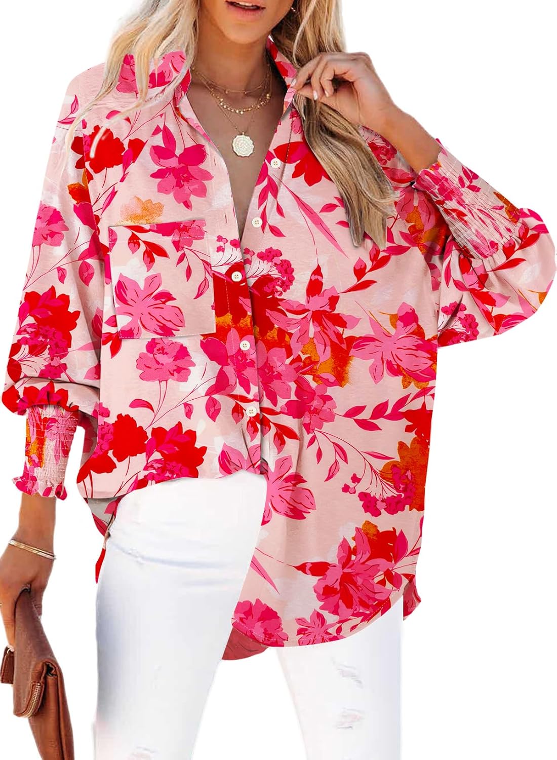 Womens Smocked Cuffed Striped Boyfriend Shirt Casual Collar Long Sleeve Oversized Button Down Blouse Tops with Pocket Shirred