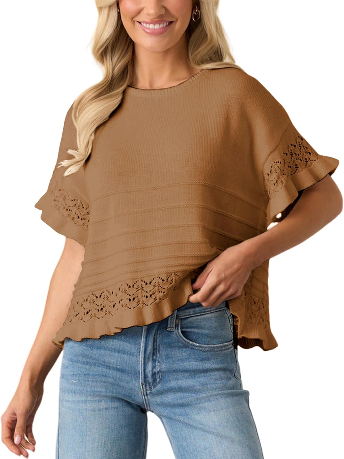 Yeokou Womens Short Sleeve Sweater Round Neck Ruffled Hem Knit Crochet Pullover Summer Fall Casual Top Blouse