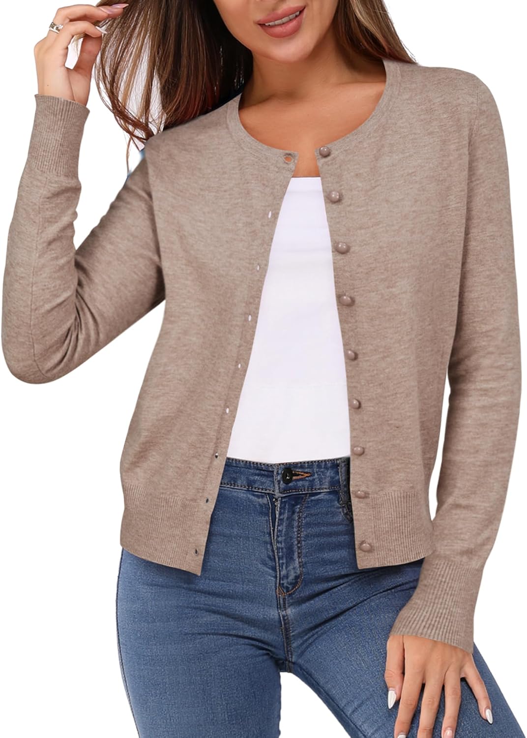 Newshows Women's Lightweight Button Down Cardigan Long Sleeve Casual Crew Neck Soft Knit Cardigans Sweater Tops