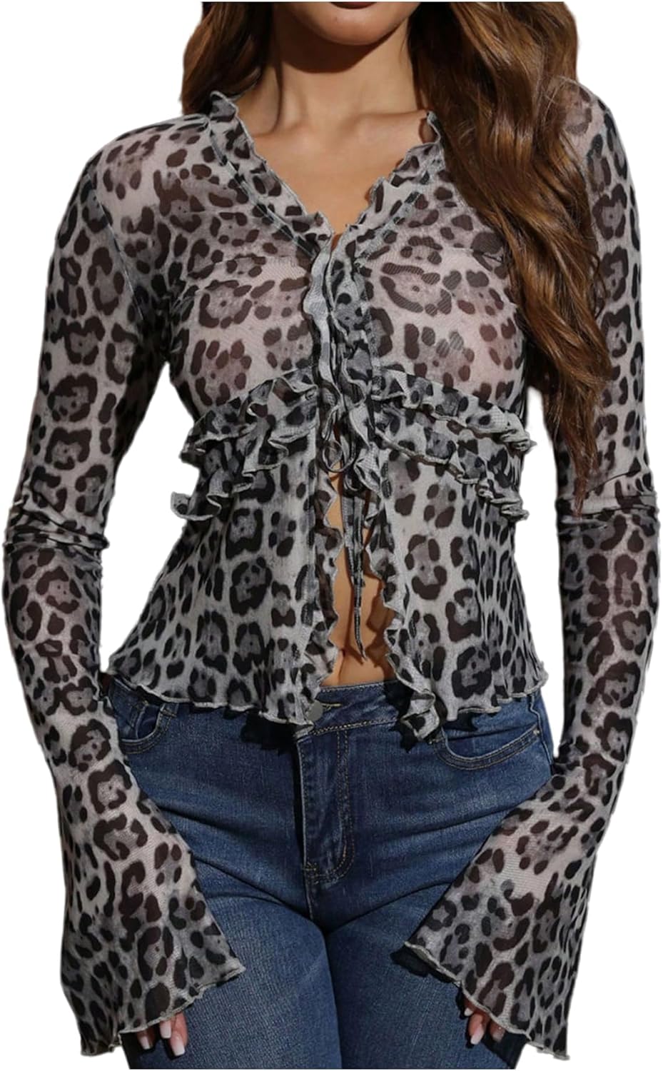 Women's Leopard Sheer Tops Bell Sleeve Tie Front V Neck T Shirt Vintage Party Y2K Clothes Going Out Top