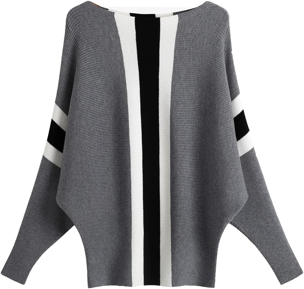 Ckikiou Womens Lightweight Oversized Boat Neck Sweaters Tops Dolman Batwing Sleeve Ribbed Knitted Pullovers