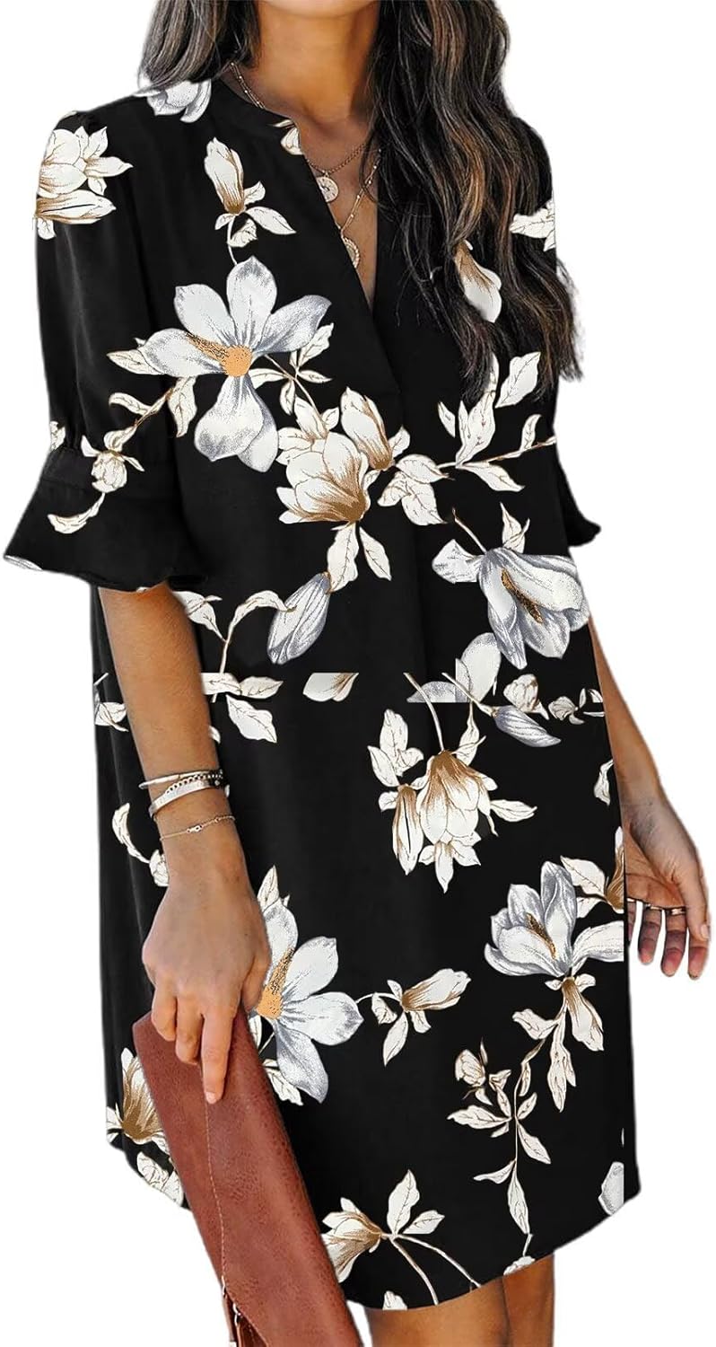 QACOHU Summer Dresses for Women V Neck Ruffle Short Sleeve Casual Shift Dress