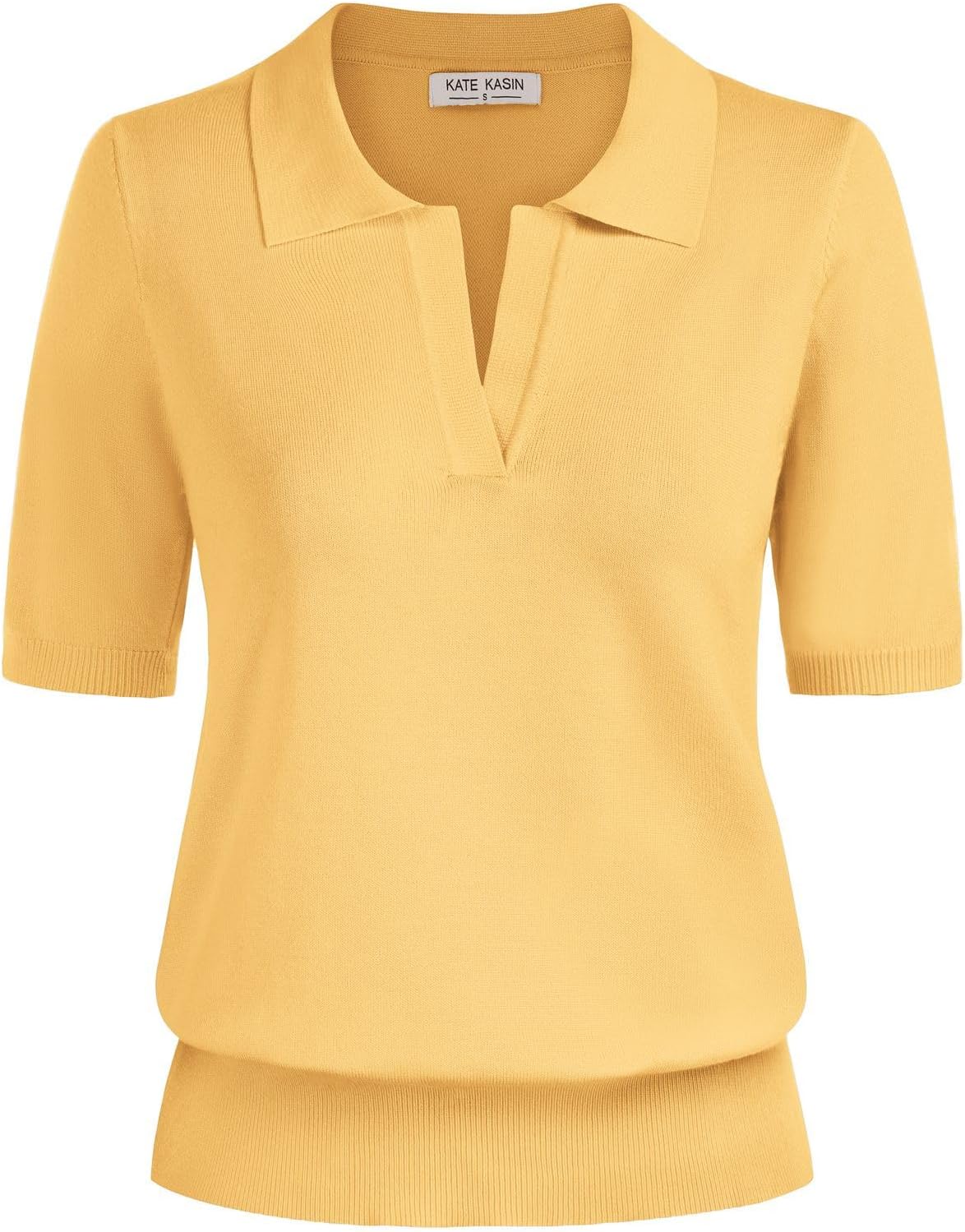 Kate Kasin Women Short Sleeve Polo Sweater V Neck Knitted Tops Casual Ribbed Shirt Loose Pullover Sweater