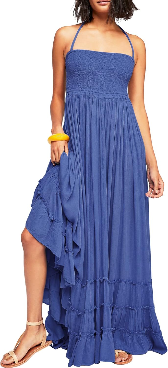 R.Vivimos Womens Summer Boho Sexy Backless Long Dresses