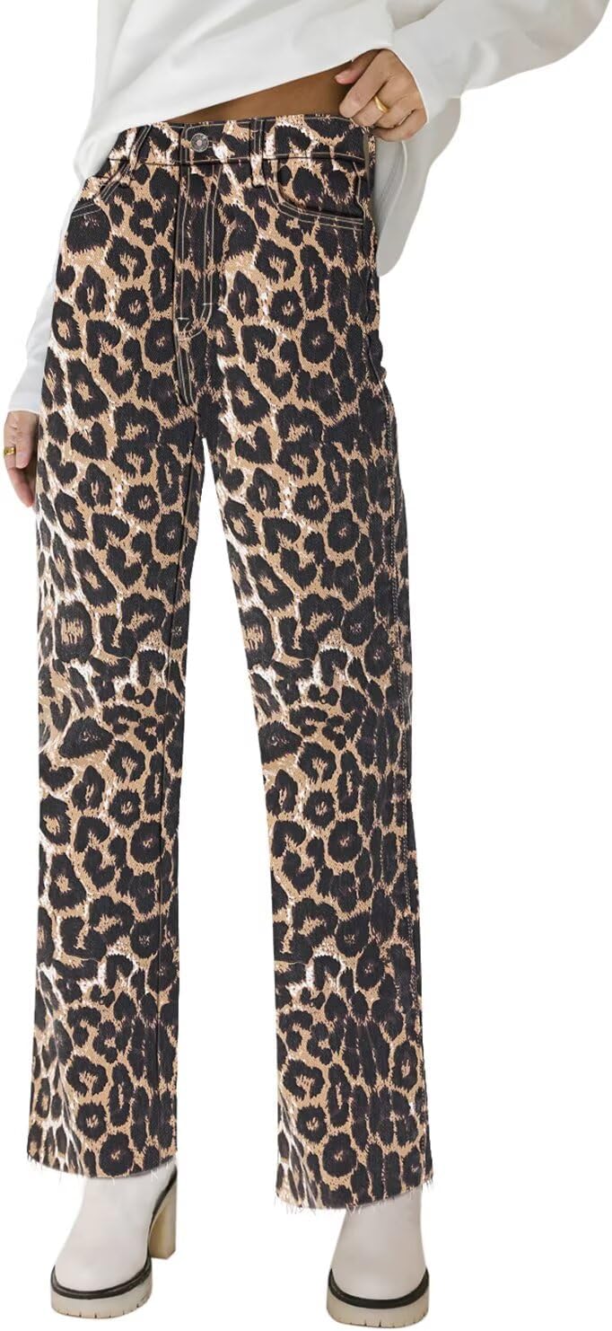 KDF Straight Leg Jeans for Women High Waisted Jeans Frayed Baggy Pants Raw Hem Loose Stretchy Cropped Wide Leg Jeans