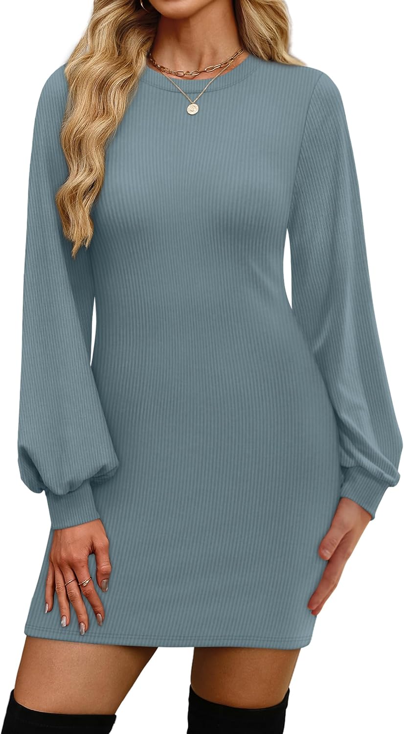 OFEEFAN Sweater Dresses for Women 2025 Fall Winter Puff Long Sleeve Crewneck Bodycon Fleece Ribbed Pullover Fashion Clothing