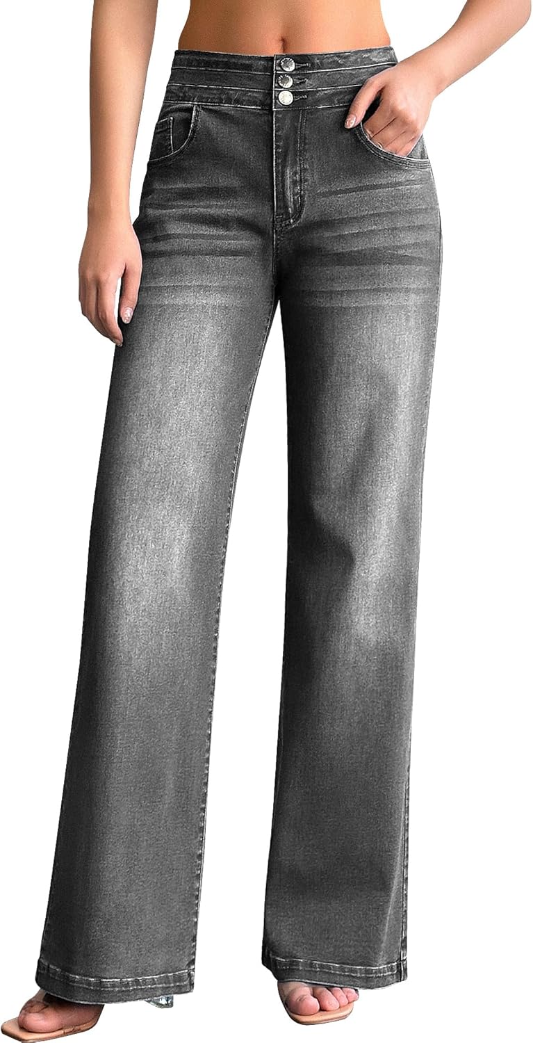 roswear Women's Wide Leg Jeans Casual High Waisted Stretch Baggy Loose Denim Pants