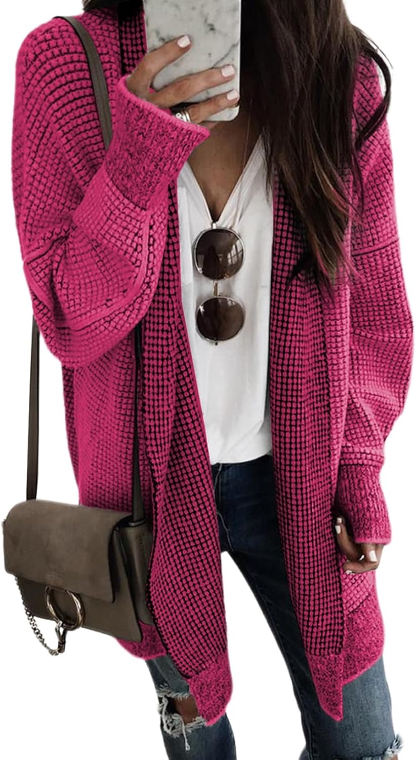 Sidefeel Womens 2025 Fall Outfits Long Sleeve Open Front Cardigan Sweaters Oversized Checkered Chunky Knit Sweaters Coat