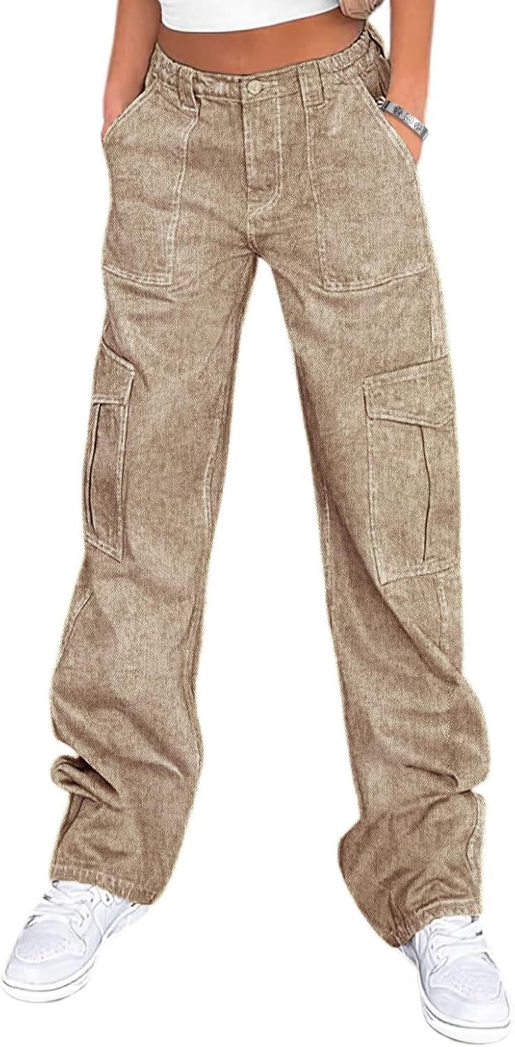 Lepunuo Cargo Pants for Women High Waisted Casual Pants Baggy Stretchy Wide Leg Y2K Streetwear with 6 Pockets