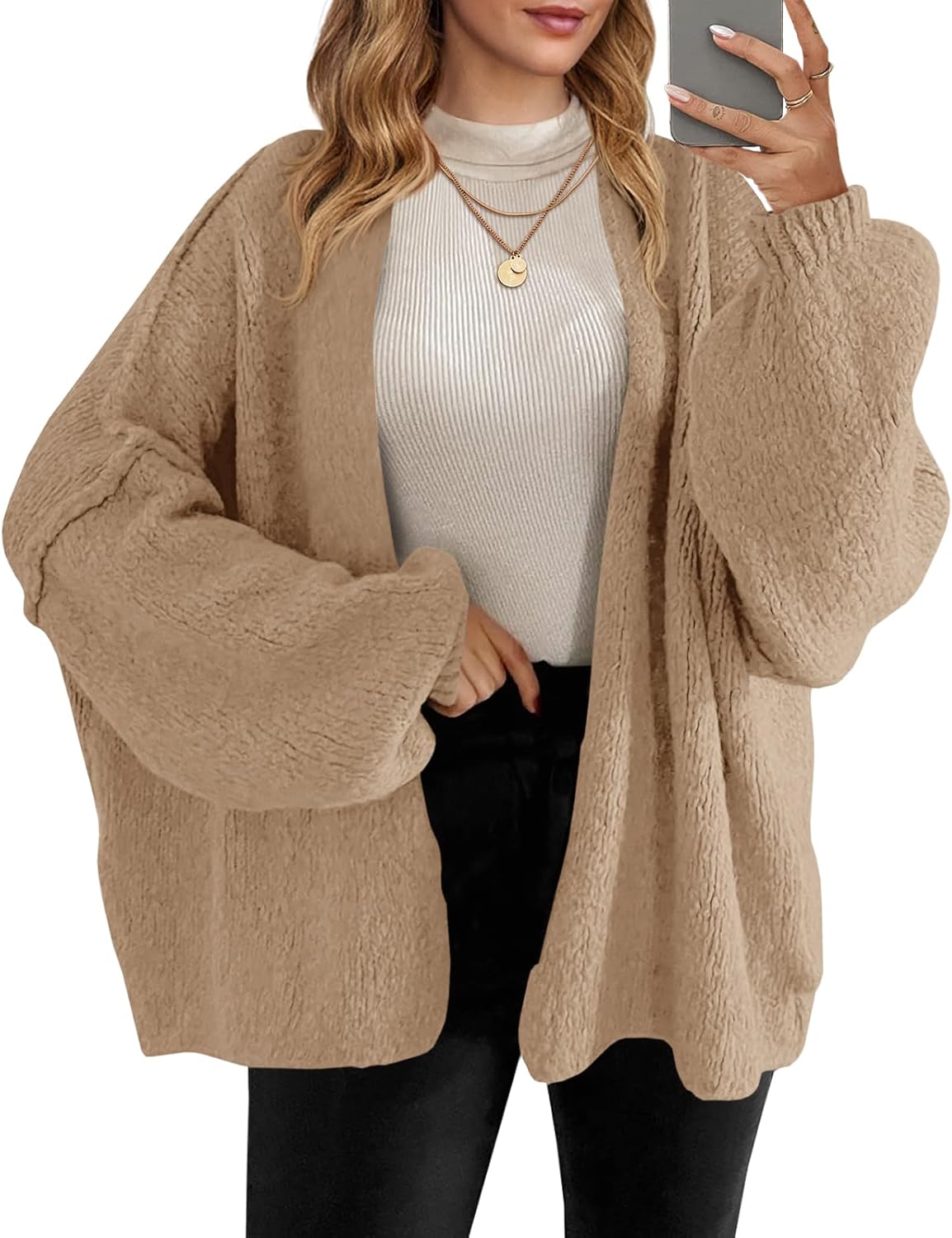 Saodimallsu Womens Oversized Cardigan Sweaters Open Front Chunky Knit Casual Long Lantern Sleeve Fall Sweater Coats