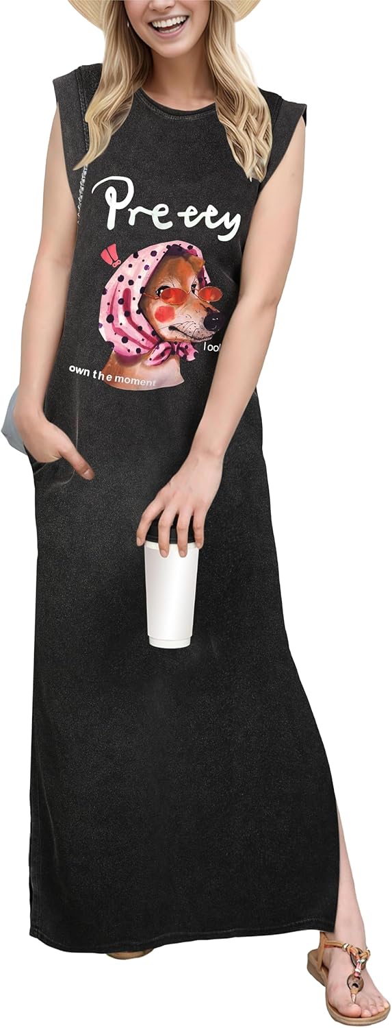 GRECERELLE 2025 Women Year-Round Casual Round Neck Loose Split Wrinkle-Free Long Maxi Vacation Dress with Pockets (XS-3XL)