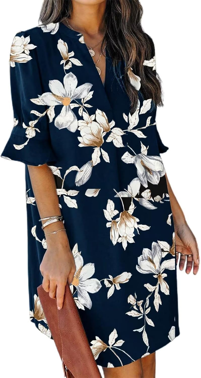 QACOHU Summer Dresses for Women V Neck Ruffle Short Sleeve Casual Shift Dress