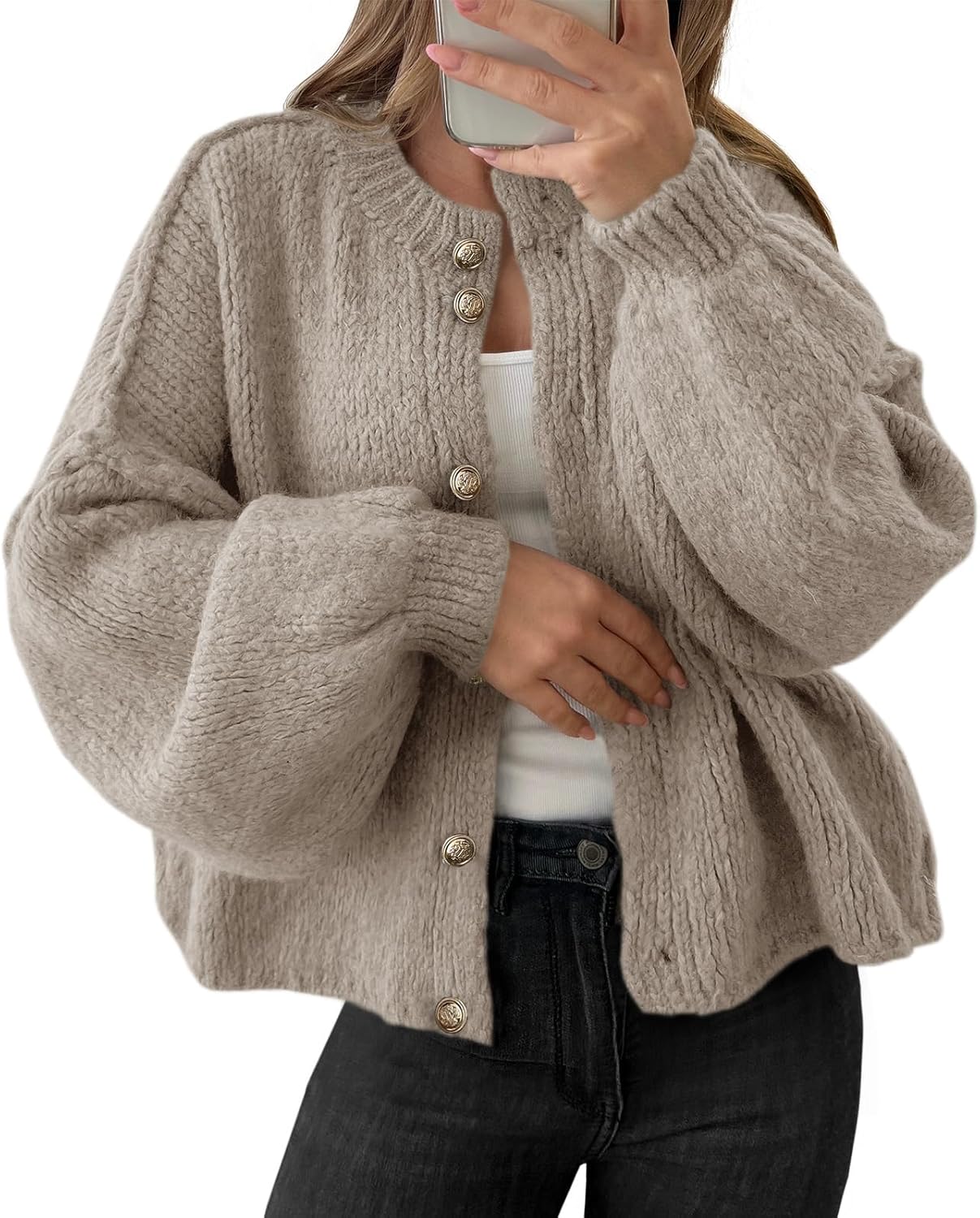 Saodimallsu Womens Oversized Cardigans Button Up Long Lantern Sleeve Chunky Knit Casual Soft Fall Sweater Coats