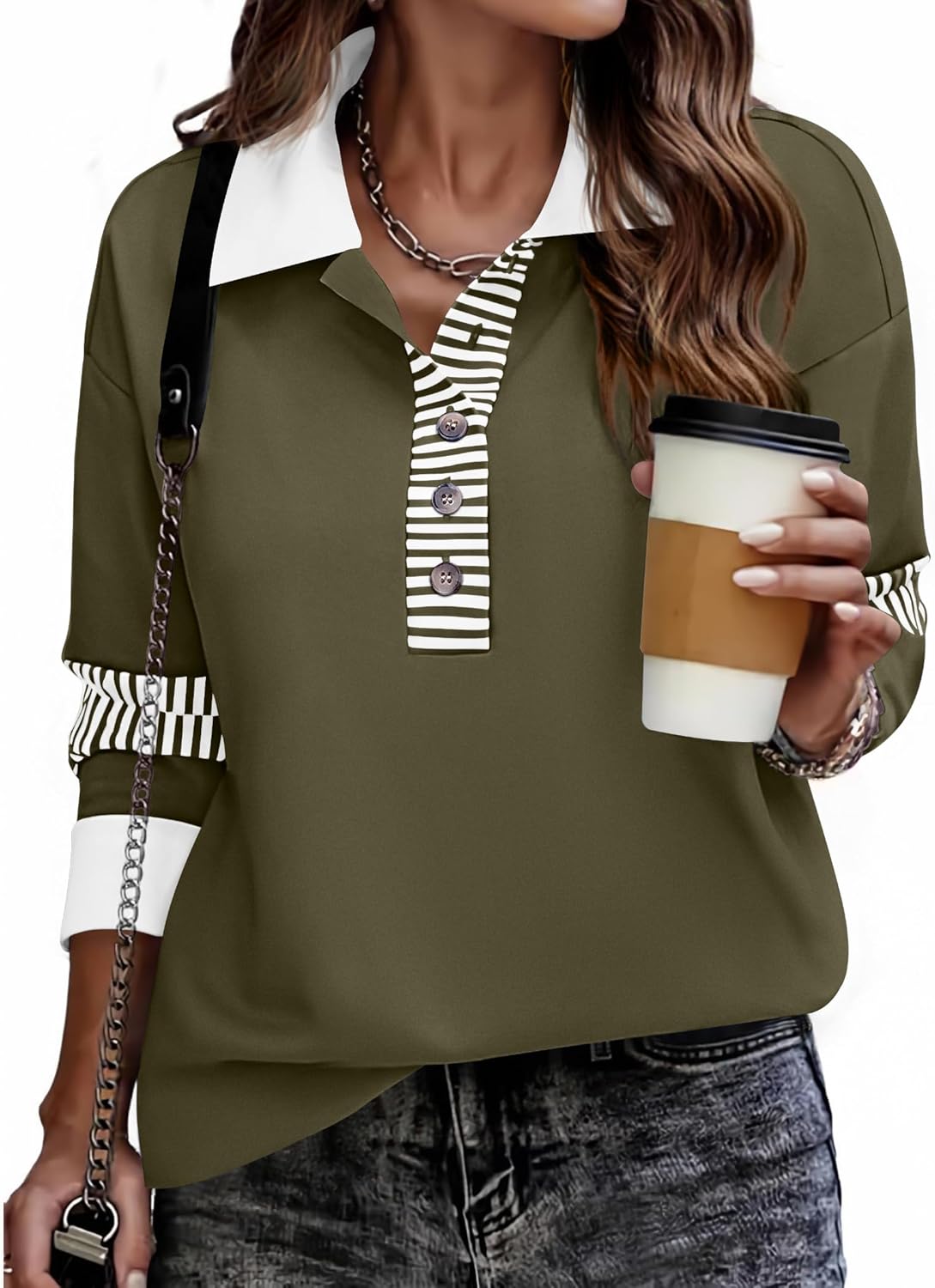 Zeagoo Womens Sweatshirt Henley V Neck Button Down Shirts Color Block Blouses Pullover 2025 Fall Business Casual Outfits