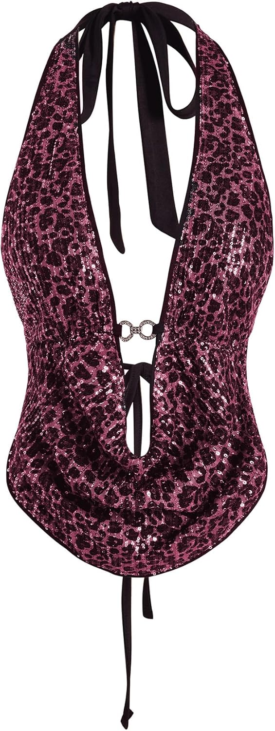 Verdusa Women's Cheetah Print Sequin Top Y2K Tie Back Corset Halter Going Out Crop Tops