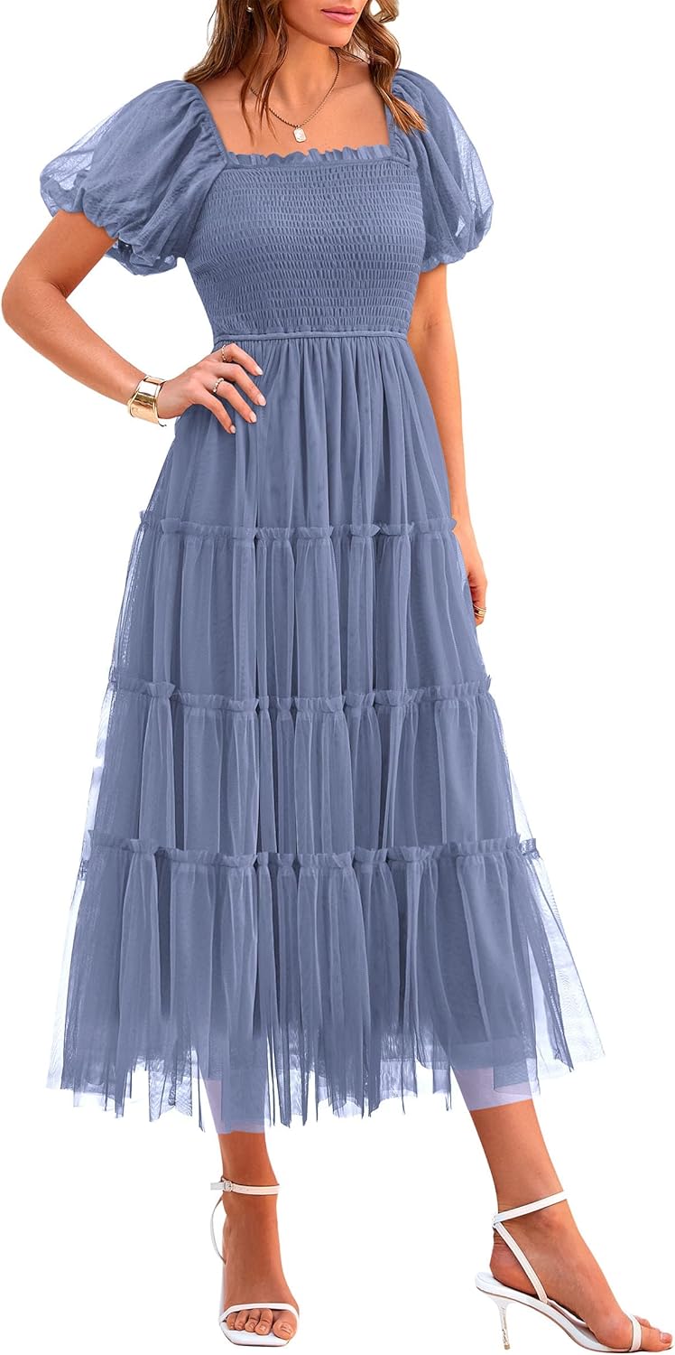 PRETTYGARDEN Women's Smocked Midi Tulle Dress 2025 Summer Puffy Short Sleeve Square Neck Ruffle Wedding Guest Party Dresses
