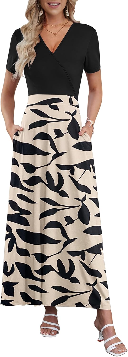AUSELILY Maxi Dresses for Women Ankle Length Floral Print Beach Long Flowy Dress with Pockets