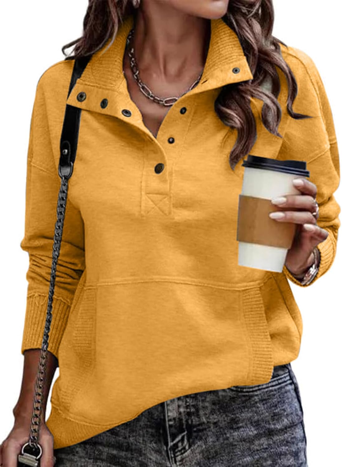SHEWIN Women's Casual Long Sleeve Stand Neck Sweatshirt Lightweight Button Drawstring Pullover Tops