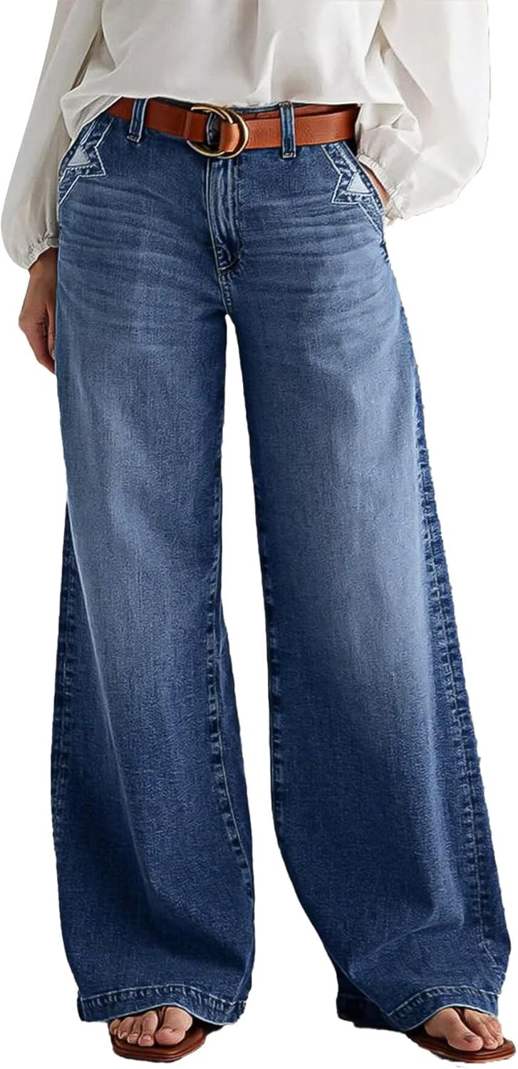 Flamingals Wide Leg Jeans for Women Mid Waist Baggy Stitch Decor Denim Washed Pants Without Belt