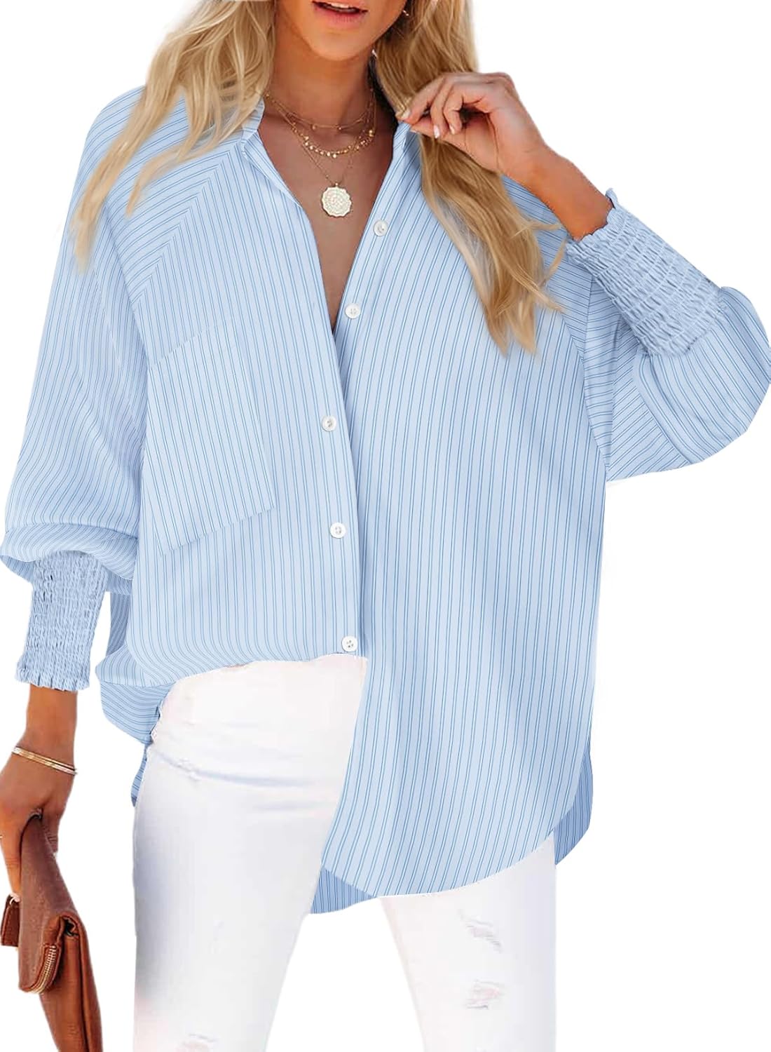 Womens Smocked Cuffed Striped Boyfriend Shirt Casual Collar Long Sleeve Oversized Button Down Blouse Tops with Pocket Shirred