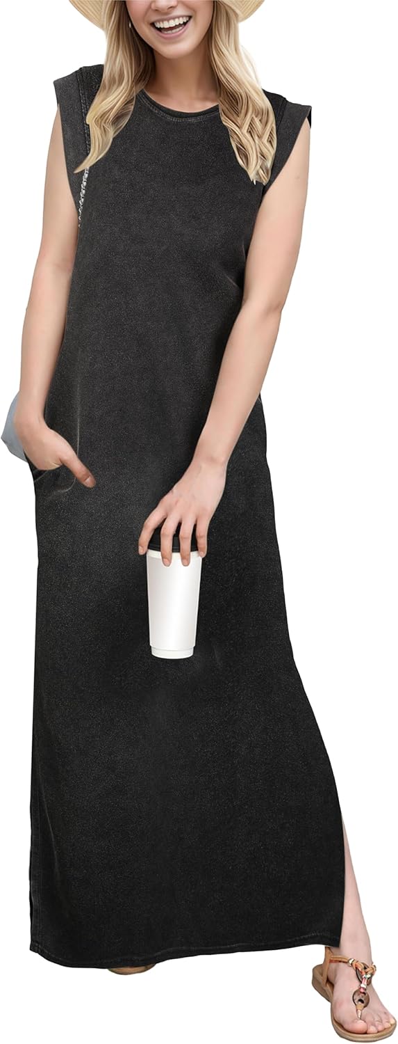 GRECERELLE 2025 Women Year-Round Casual Round Neck Loose Split Wrinkle-Free Long Maxi Vacation Dress with Pockets (XS-3XL)