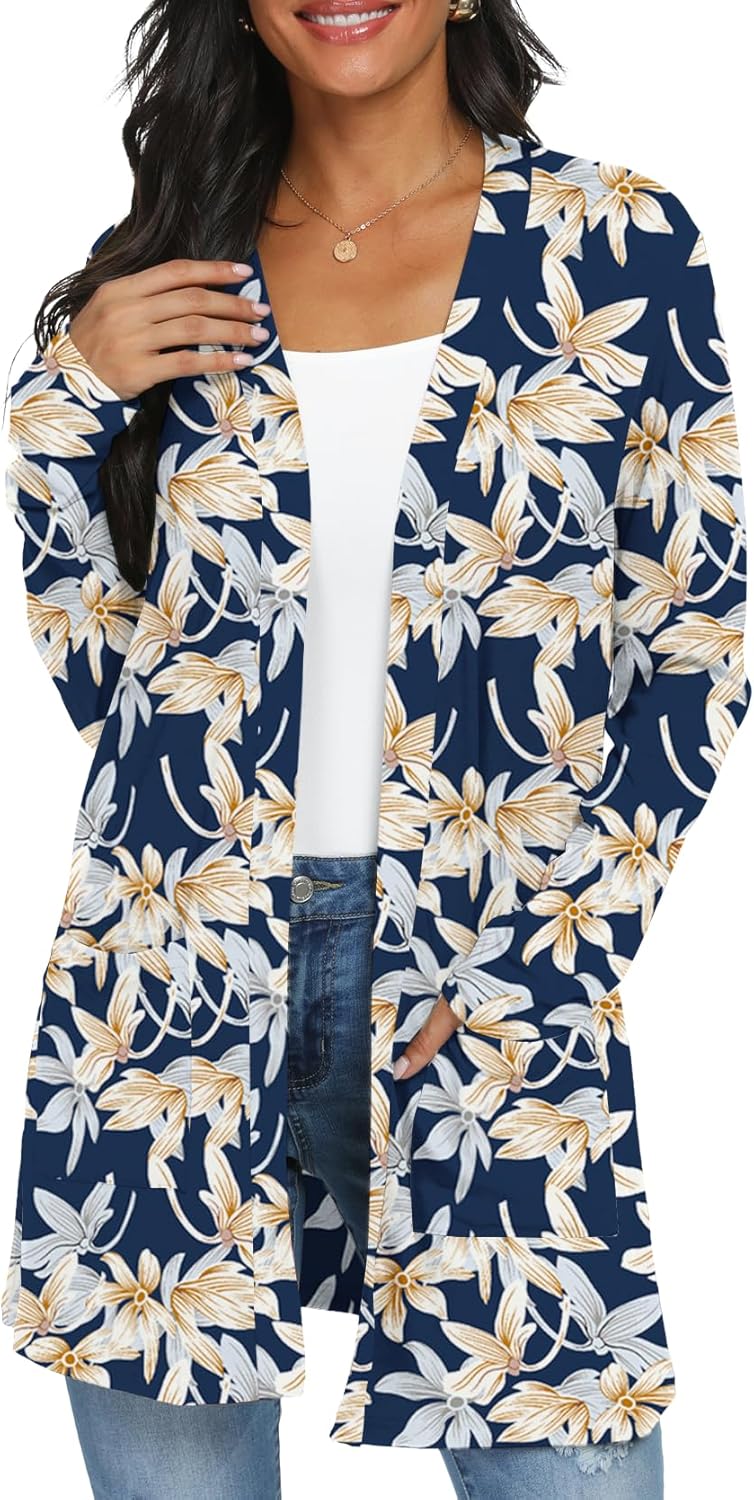 Womens Casual Lightweight with Pocketes Long Sleeve Open Front Cardigan