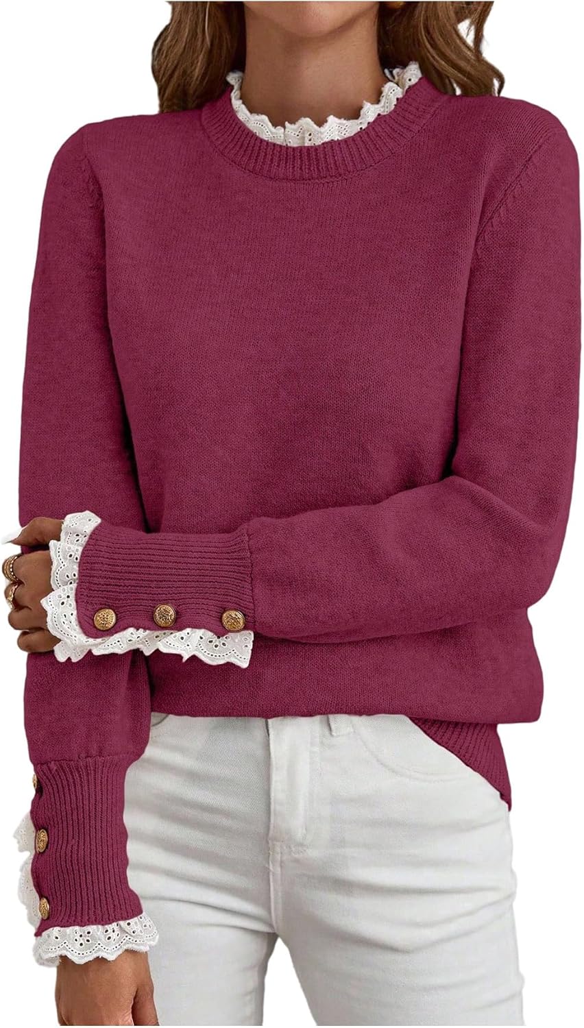 MakeMeChic Women's Fall Sweaters Lace Peplum Mock Neck Cozy Sweater Pullover