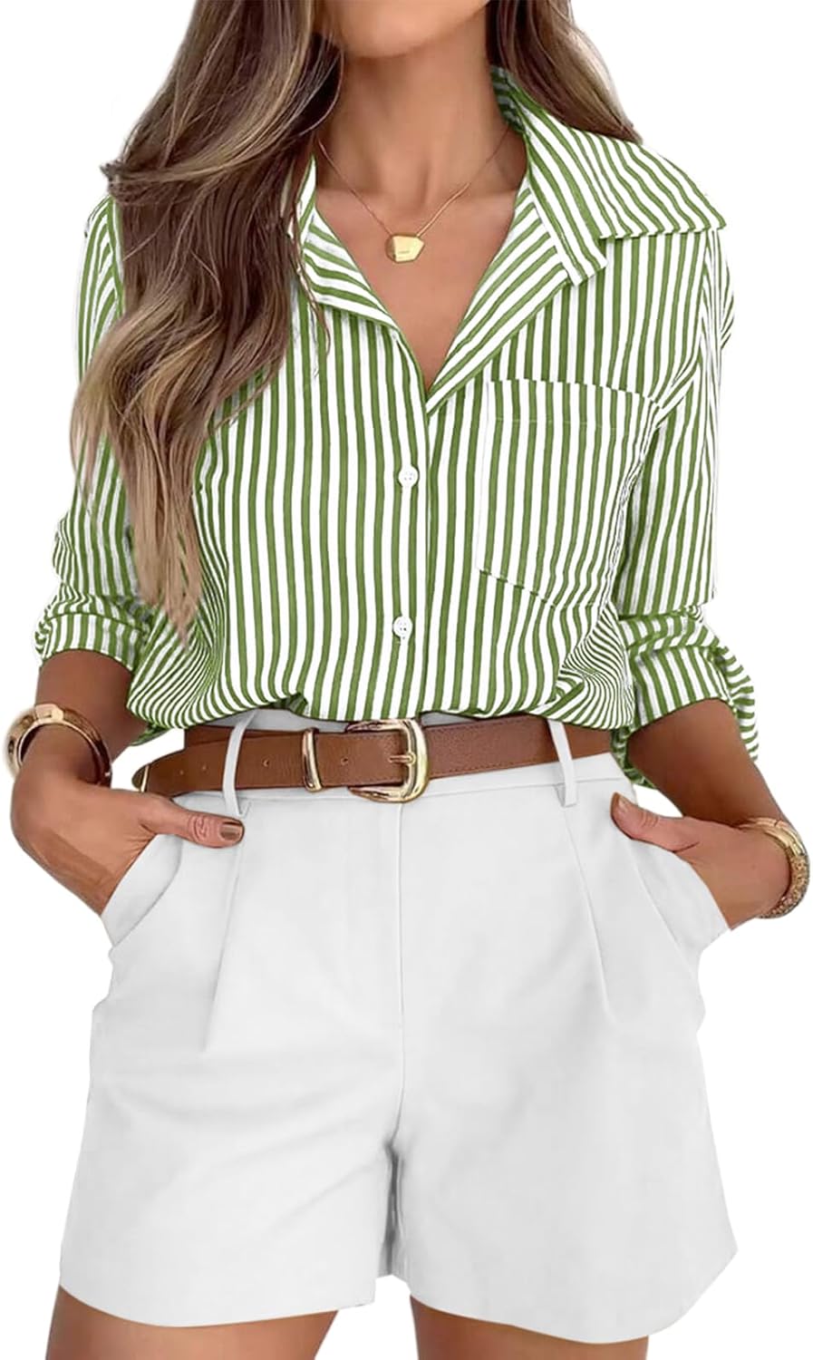 siliteelon Striped Button Down Shirts for Women Dress Shirts Long Sleeve Casual Collared Office Work Shirt with Pocket