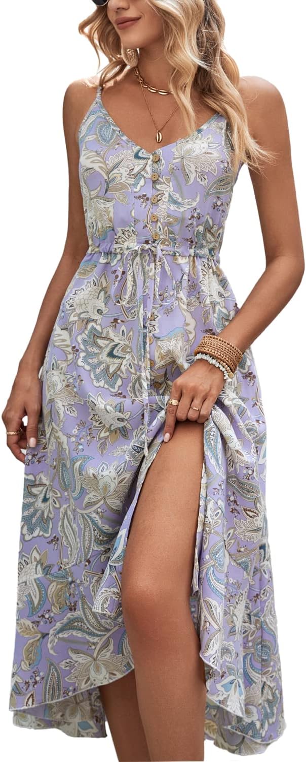 BROVAVE Women's 2025 Summer Casual Boho Sundress Polka Dot Spaghetti Strap V Neck Flowy Midi Dresses