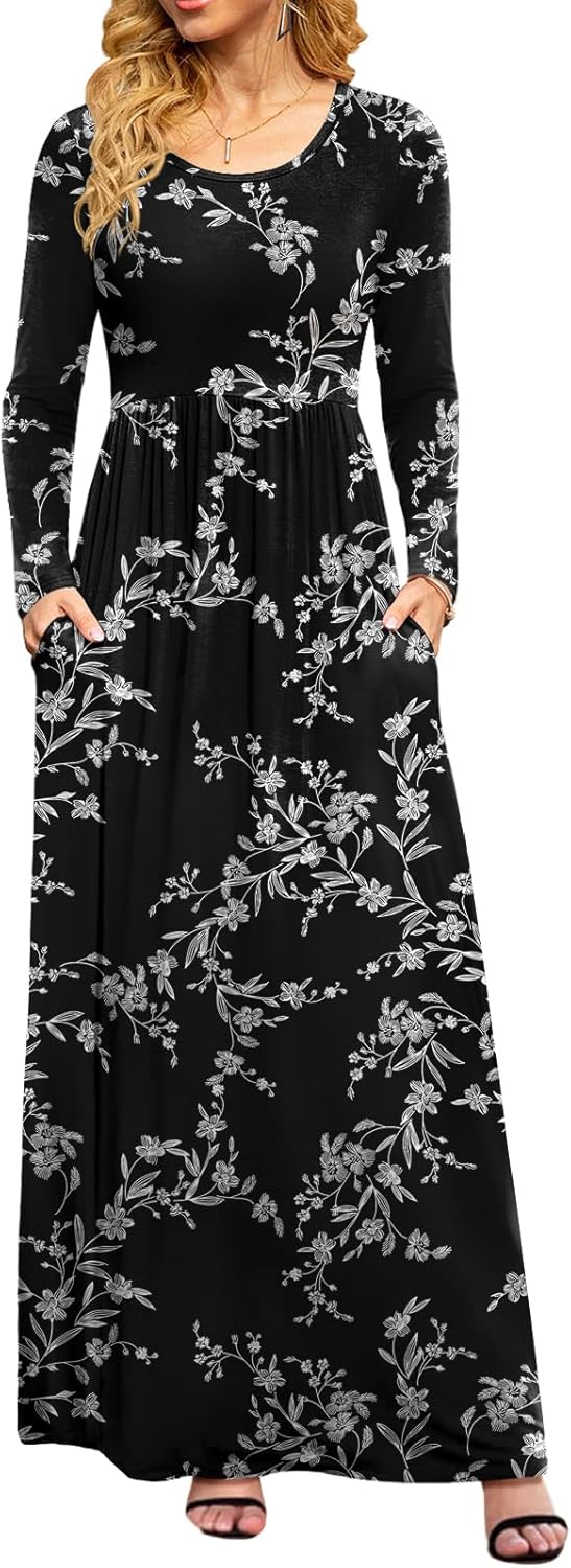 DB MOON Women Casual Long Sleeve Maxi Dresses Empire Waist Long Dress with Pockets