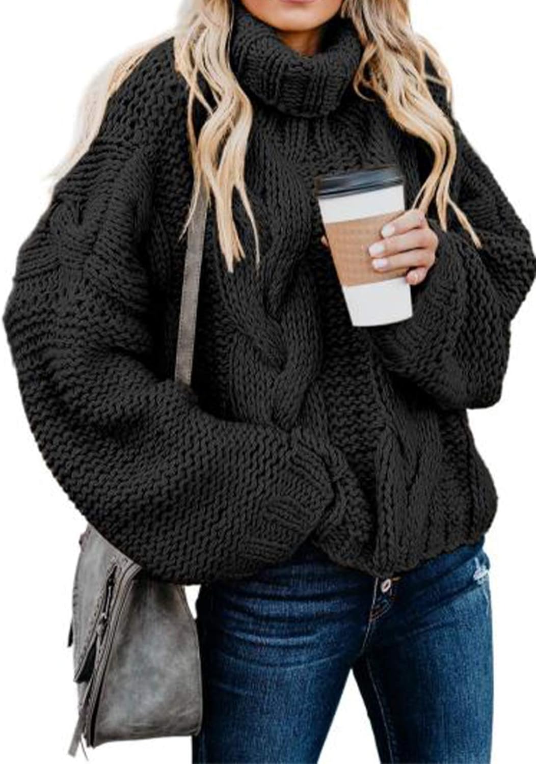 Dokotoo Womens 2025 Winter Fall Solid Turtleneck High Neck Balloon Long Sleeve Sweaters Pullover Outerwear