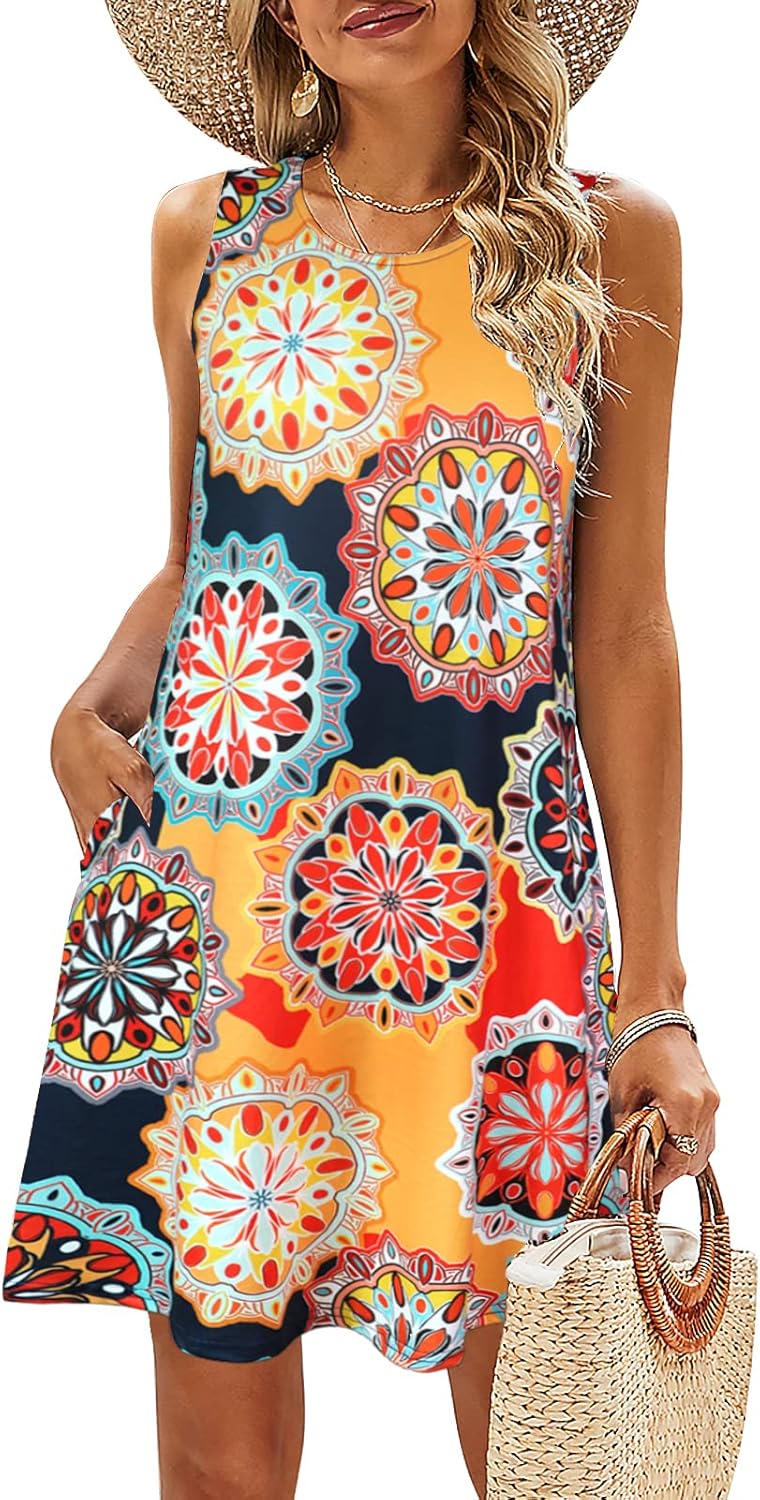 SimpleFun Summer Dresses for Women Beach Floral Tshirt Sundress Casual Pockets Boho Tank Dress