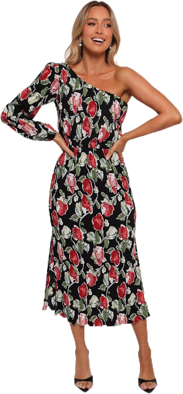 Petal & Pup Womens Pontee One Shoulder Pleated Midi Dress