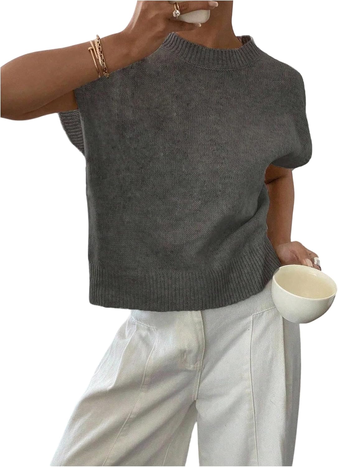 SOLY HUX Women's Ribbed Sweater Crew Neck Short Sleeve Loose Fit Floral Knit Pullover Tops